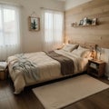 Cosy wooden peaceful bedroom in dark tones double bed with pillows and blankets ceramic tiles floor carpet poufs shelves and