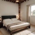 Cosy wooden peaceful bedroom in dark tones double bed with pillows and blankets ceramic tiles floor carpet poufs shelves and