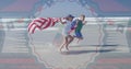 Image of cotillion and usa flags over happy caucasian girl and boy running on beach