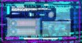 Image of countdown in viewfinder, soundwaves, database, bar graph, globe over trading board