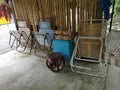 Couple of folded old lazy chair at the wooden shed. Royalty Free Stock Photo