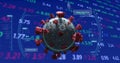 Image of covid 19 cell over stock exchange financial data processing on blue background Royalty Free Stock Photo