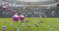 Image of covid 19 cells over empty rugby pitch sports stadium