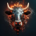 Image of cow face made with electronic components with fire on clean background. Farm animals. Illustration, Generative AI Royalty Free Stock Photo