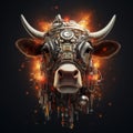 Image of cow face made with electronic components with fire on clean background. Farm animals. Illustration, Generative AI Royalty Free Stock Photo
