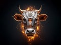 Image of cow face made with electronic components with fire on clean background. Farm animals. Illustration, Generative AI Royalty Free Stock Photo