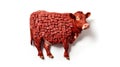 Image of a cow made of pieces of meat on a white background