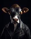 Image of cow wearing leather jacket on clean background. Fashion, Farm Animals, Generative AI, Illustration