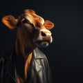 Image of cow wearing leather jacket on clean background. Fashion, Farm Animals, Generative AI, Illustration