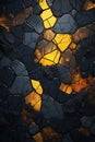 an image of a cracked stone wall with yellow and orange lights