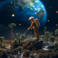 Image created from AI, an astronaut model in the concept of loving nature, creating good air, planting trees to create oxygen