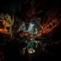 Image created from AI, cave tunnel in a rocky mountain ,water passes through,cave beautiful light shining through it.