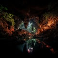 Image created from AI, cave tunnel in a rocky mountain ,water passes through,cave beautiful light shining through it.