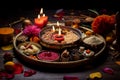 Beautifully decorated Pooja Thali for diwali worship celebration, having Indian sweets, lamp, flower. ai generative