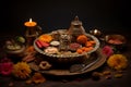 Beautifully decorated Pooja Thali for diwali worship celebration, having Indian sweets, lamp, flower. ai generative