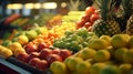 Big fresh fruits and vegetables on the market counter shop. ai generative