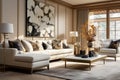 Elegant living room with a close-up of a comfortable sofa, area rug, and luxurious modern furniture.ai generative