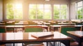 Empty defocused university classroom. Blurred school class without students with empty chairs and tables. business conference room Royalty Free Stock Photo