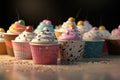 fresh multi-colored cupcakes in cups. delicious dessert. ai generative