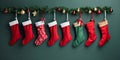 hanging red christmas stockings filled with gifts, copyspace, green background. ai generative Royalty Free Stock Photo