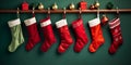 hanging red christmas stockings filled with gifts, copyspace, green background. ai generative Royalty Free Stock Photo