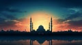 Islamic, Silhouette mosques on dusk sky twilight with crescent moon over mountain, religion of Islam and free space for text