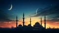 Islamic, Silhouette mosques on dusk sky twilight with crescent moon over mountain, religion of Islam and free space for text