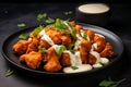 A plate of crispy cauliflower wings with a side of vegan ranch dressing.ai generative Royalty Free Stock Photo