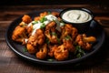 A plate of crispy cauliflower wings with a side of vegan ranch dressing.ai generative Royalty Free Stock Photo