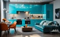 Turquoise kitchen in studio apartment. Interior design of modern living room.ai generative Royalty Free Stock Photo