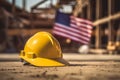 yellow protective helmet of the worker, on the background of the American flag, labor day. ai generative Royalty Free Stock Photo