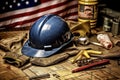 yellow protective helmet of the worker, on the background of the American flag, labor day. ai generative Royalty Free Stock Photo