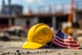 yellow safety helmet of a worker and an American flag on the background of a construction site, labor day. ai generative Royalty Free Stock Photo