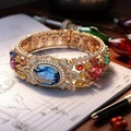 Image created from AI, Picture of a bangle jewelry design with colorful gemstones such as rubies, sapphires. Royalty Free Stock Photo