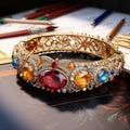 Image created from AI, Picture of a bangle jewelry design with colorful gemstones such as rubies, sapphires.