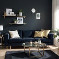 Creative compositon of modern living room interior design with glamour blue sofa metal shelf coffee table and elegant home Royalty Free Stock Photo