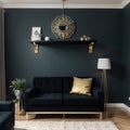 Creative compositon of modern living room interior design with glamour blue sofa metal shelf coffee table and elegant home Royalty Free Stock Photo