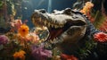 An image of a crocodile basking in the sun or an alligator snapping its jaws shut.