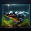 an image of a crocodile in a small lightened water aquarium with lightening