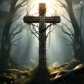 image of a cross made of branches in a mystical forest setting trending on artstation Royalty Free Stock Photo