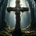 image of a cross made of branches in a mystical forest setting trending on artstation Royalty Free Stock Photo