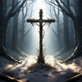 image of a cross made of branches in a mystical forest setting trending on artstation Royalty Free Stock Photo