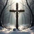 image of a cross made of branches in a mystical forest setting trending on artstation Royalty Free Stock Photo