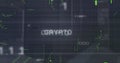 Image of crypto text and binary codes with circuit board pattern over data serve room Royalty Free Stock Photo