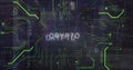 Image of crypto text and binary codes with circuit board pattern over data serve room Royalty Free Stock Photo