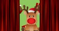 Image of curtain and falling gifts over reindeer with red nose