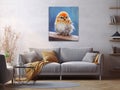 picture of a cute little bird on the wall above a piece of furniture in a living room