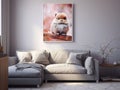 picture of a cute animal on the wall above a piece of furniture in a living room