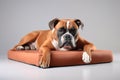 Image of cute boxer dog lying on sleeping cushion. Pet. Animals.