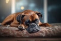 Image of cute boxer dog lying on sleeping cushion. Pet. Animals